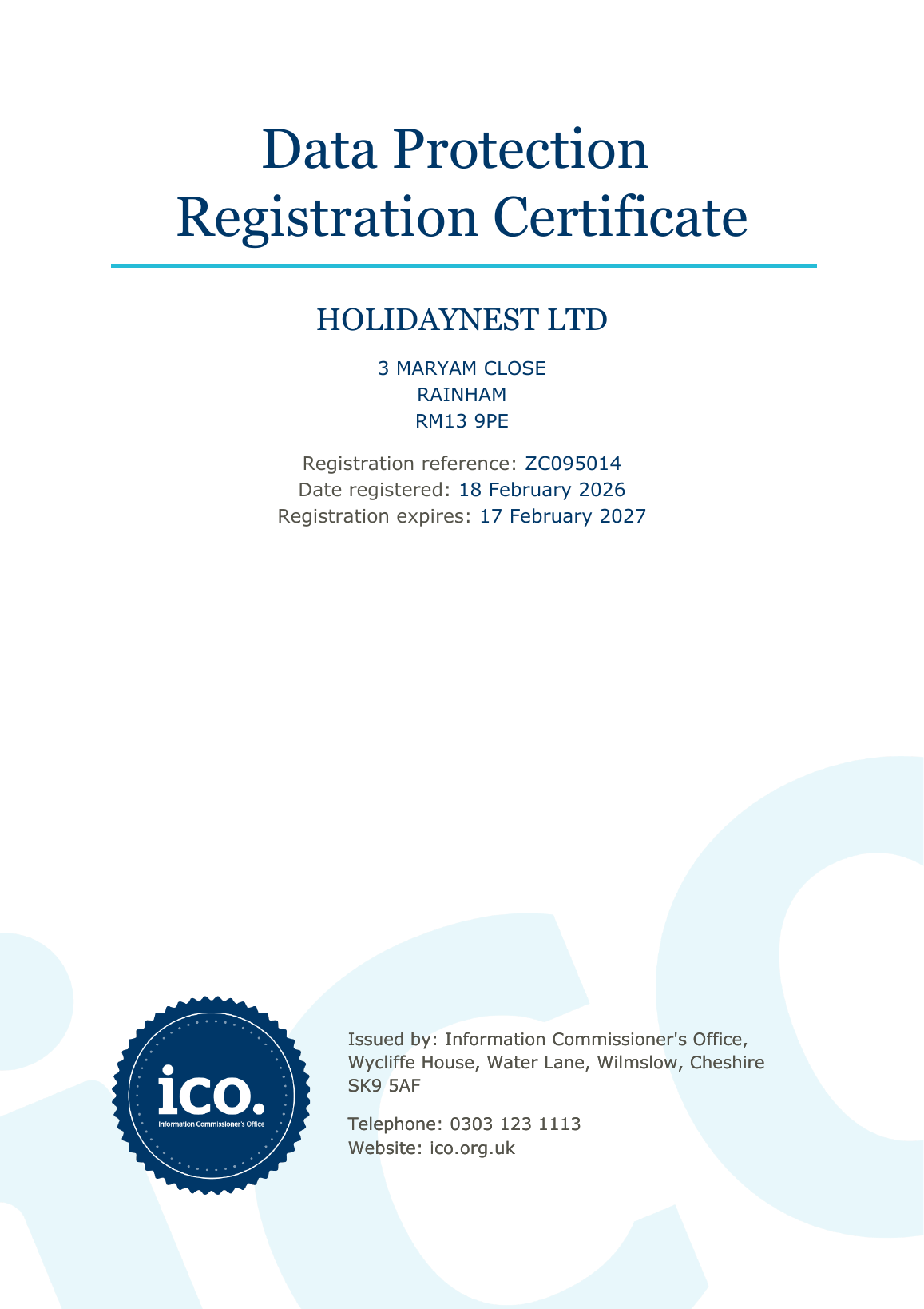 Holidaynest Ltd Data Protection Registration Certificate preview